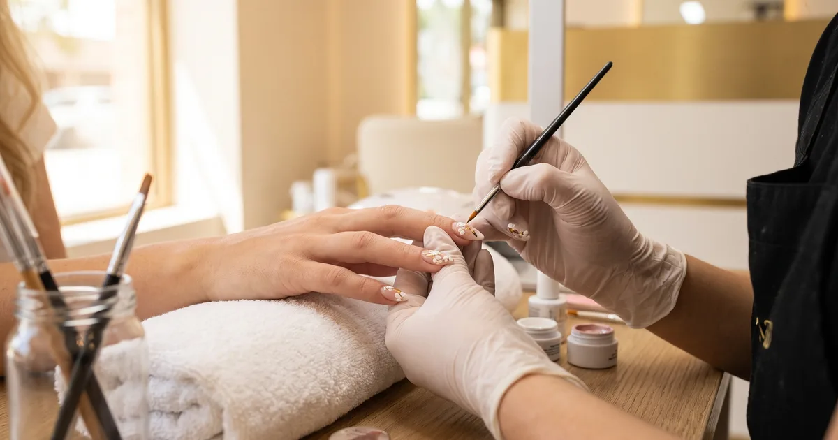 Close-up of a nail technician applying hand-painted detail to a client's nails at a salon workstation